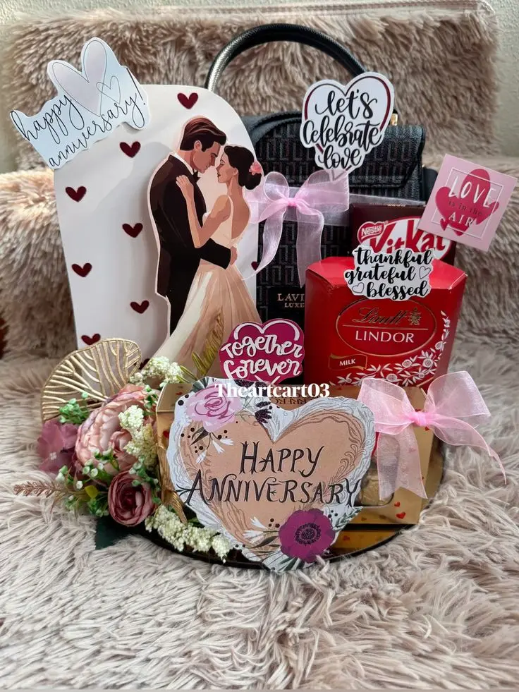 Anniversary gift arrangement featuring a kissing couple illustration, chocolates, and flowers on a plush surface. Texts: "Happy Anniversary," "Let's Celebrate Love."