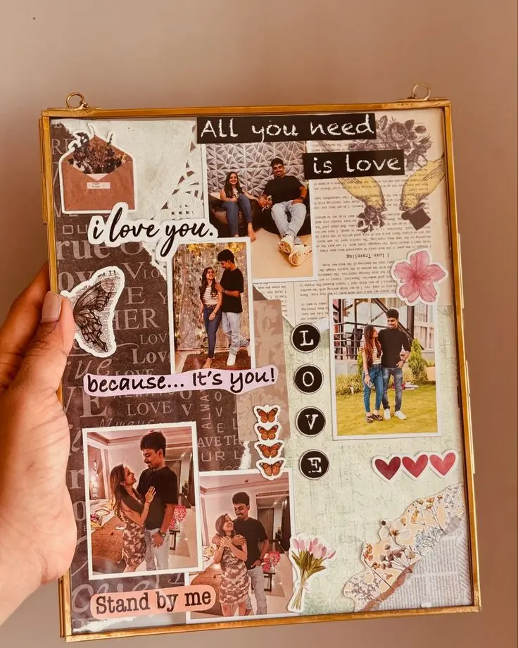 Collage of a couple with text like "All you need is love" and "I love you." Features photos, butterflies, flowers, and a romantic, joyful tone.